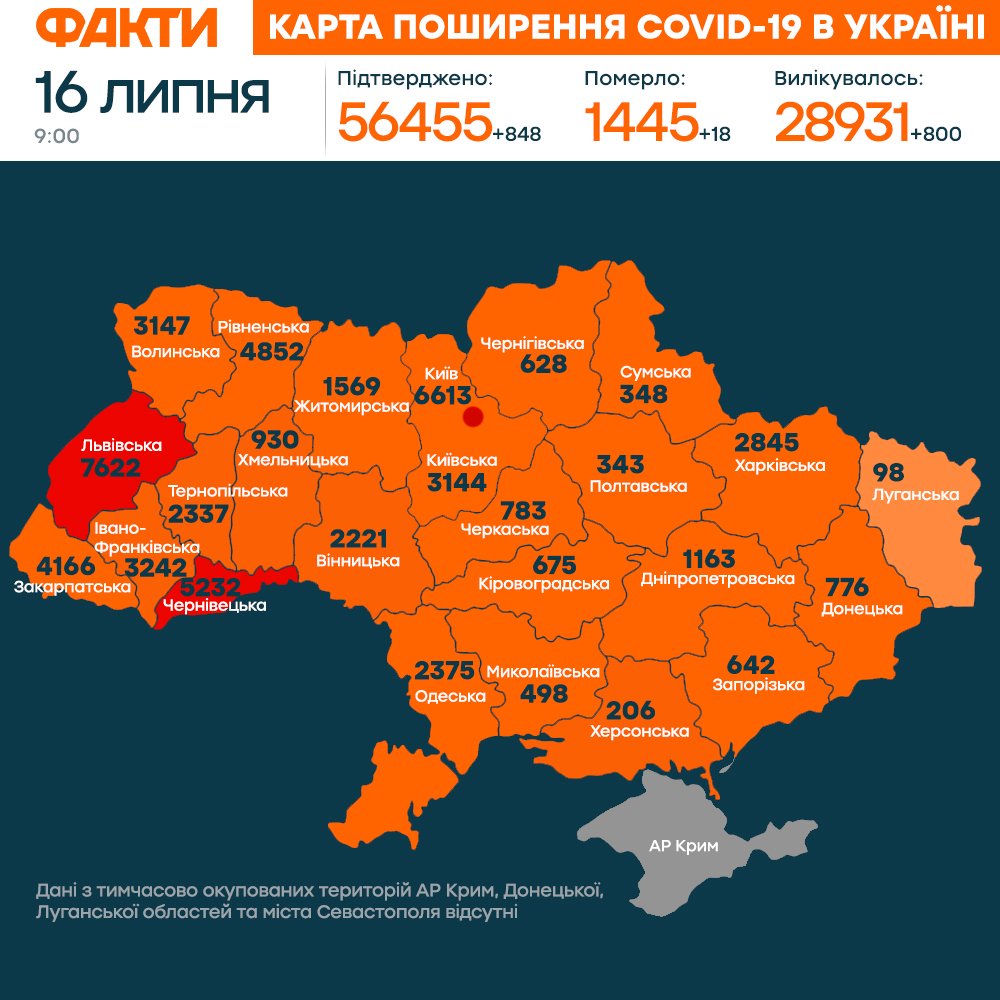 Карта коронавірус 16 липня