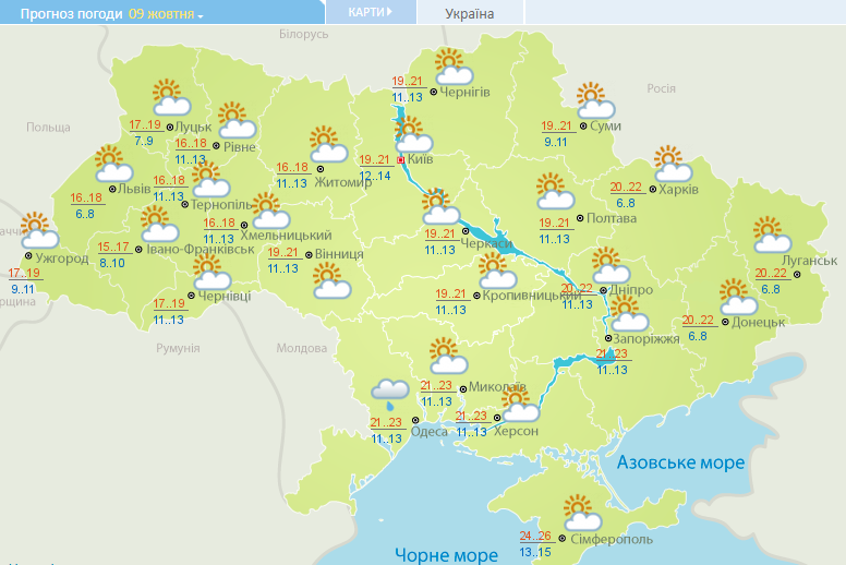 Погода на 9 жовтня в Україні – прогноз погоди на сьогодні